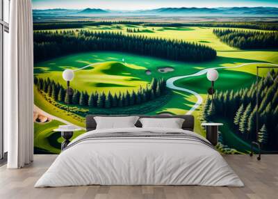 架空のゴルフ場　俯瞰のイラスト　晴天　Fictitious golf course bird's-eye view illustration clear weather Wall mural